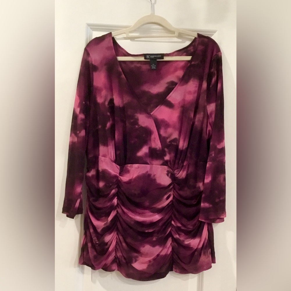 INC International Concepts Magenta/Plum Ruched Semi Sheer Tie Dye Faux Wrap Top